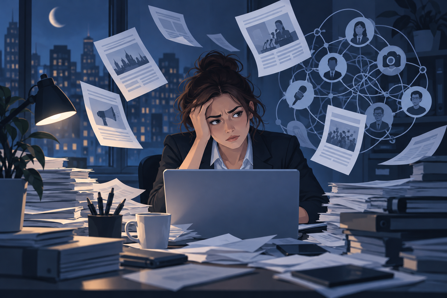Illustration of a PR professional overwhelmed by press releases and media lists at night